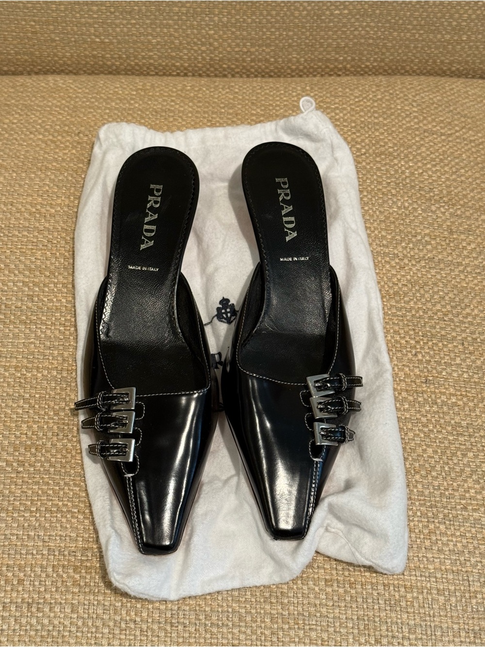 Prada Black Leather Buckle Mules | Size 35.5 EU (US 5.5) | Made in Italy
